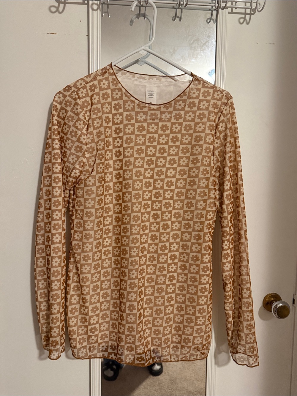 Women’s Floral Check Long Sleeve Top - Beige by